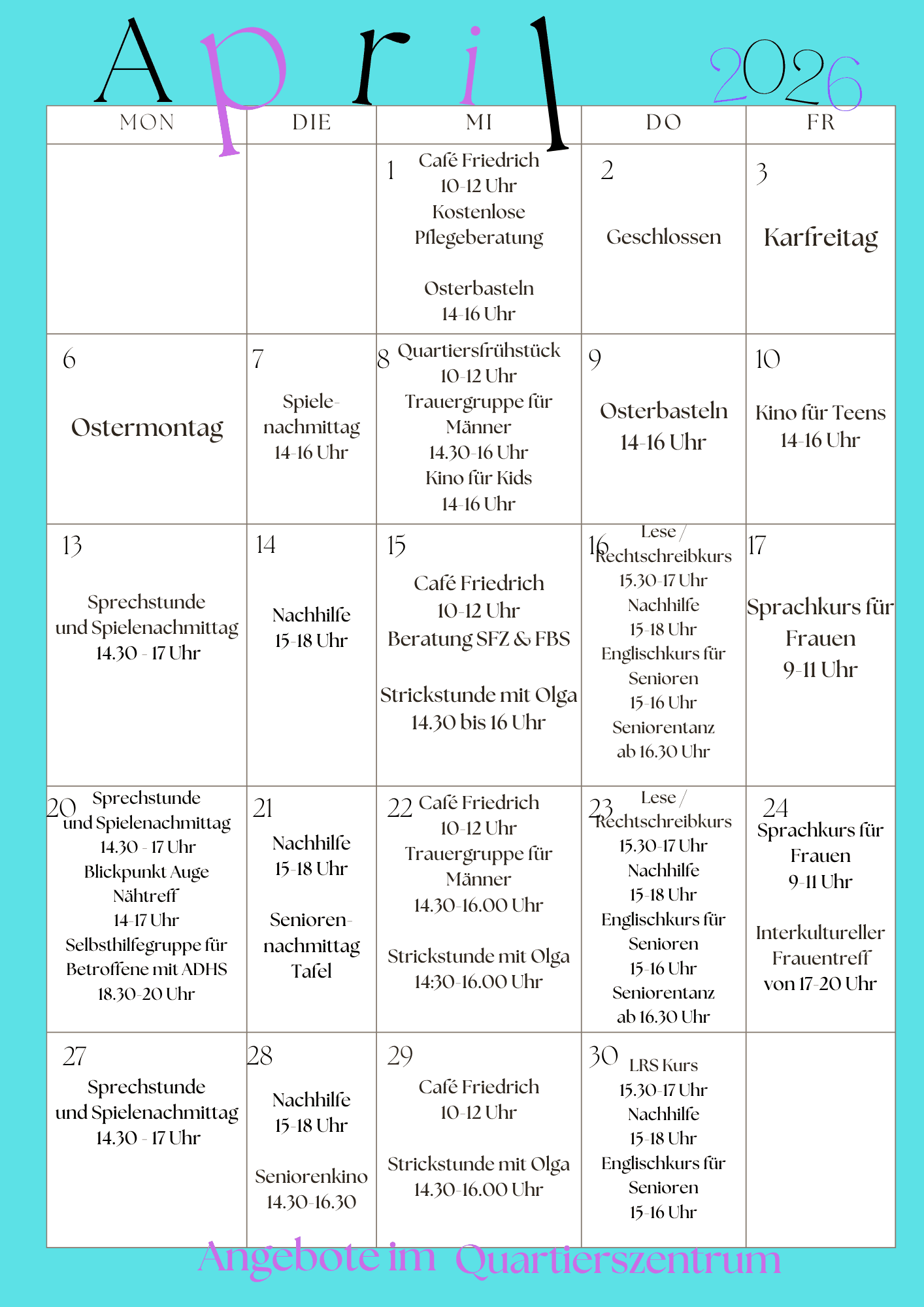 Quartierszentrum Programm April 2026