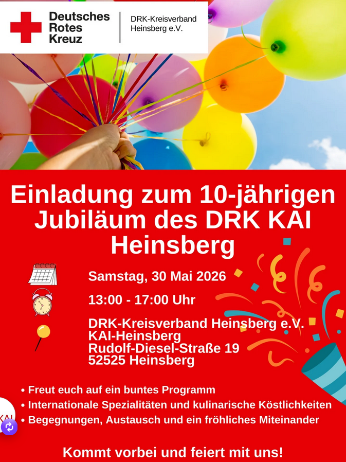 Einladung zum 10-jähirgen Jubiläum des DRK KAI Heinsberg